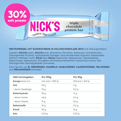 Nicks Protein Bar mix, barre di proteine cheto snack a basso contenuto di carboidrati senza zucchero aggiunto, senza glutine | Proteina 15g con collagene (9 barre proteiche x 50g)