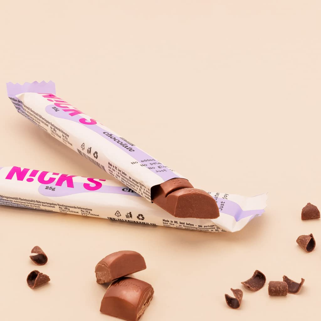 Nicks mælkechokolade keto barer uden tilsat sukker, 112 kcal, 3,4 g netto kulhydrater, lav kulhydrat slik, glutenfri snackbar (15x25g)