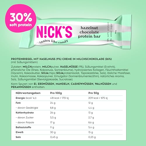 Nicks Protein Bar mix, barre di proteine cheto snack a basso contenuto di carboidrati senza zucchero aggiunto, senza glutine | Proteina 15g con collagene (9 barre proteiche x 50g)
