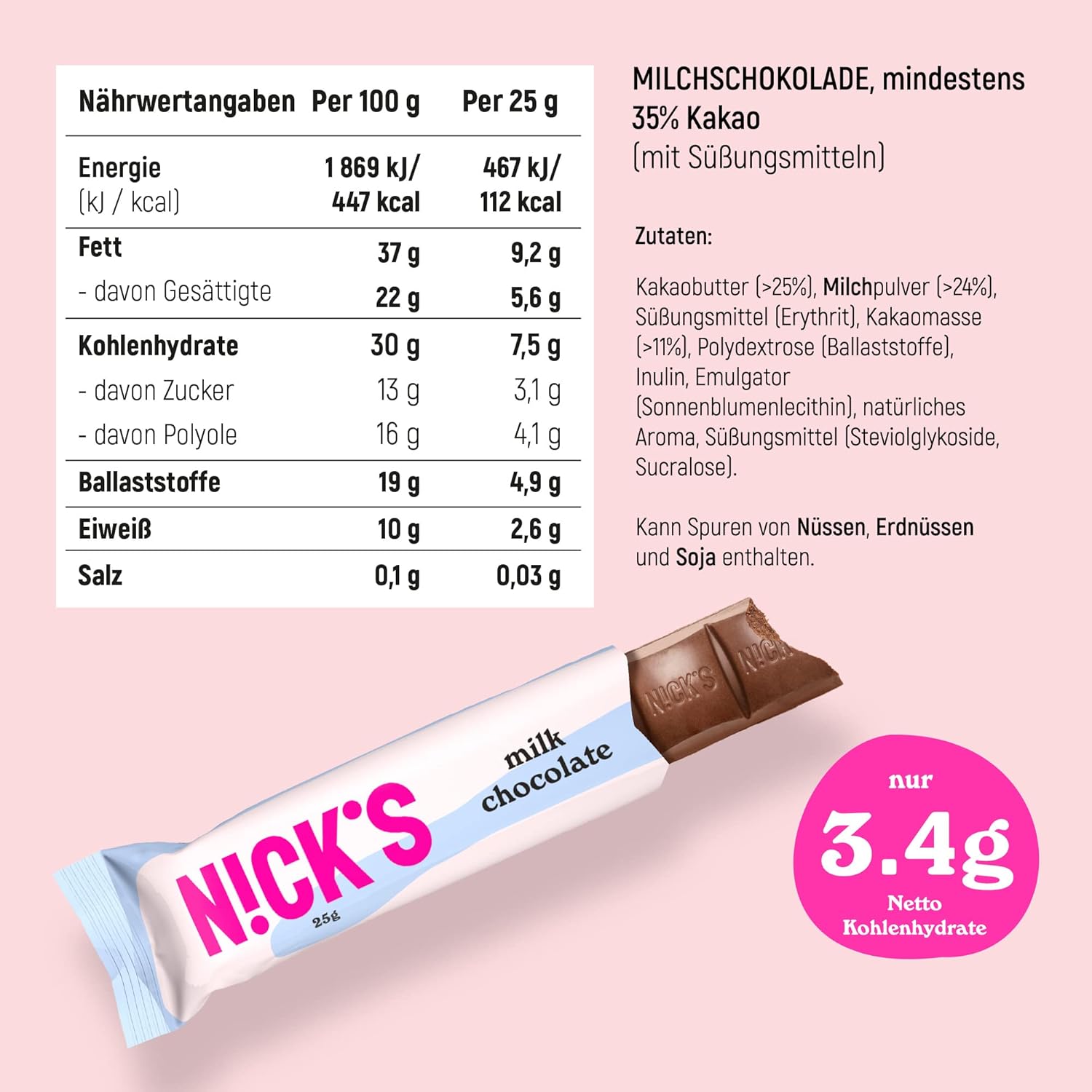 Nicks mælkechokolade keto barer uden tilsat sukker, 112 kcal, 3,4 g netto kulhydrater, lav kulhydrat slik, glutenfri snackbar (15x25g)