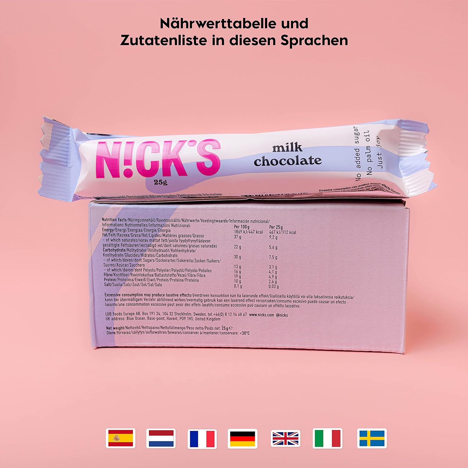 Nicks mælkechokolade keto barer uden tilsat sukker, 112 kcal, 3,4 g netto kulhydrater, lav kulhydrat slik, glutenfri snackbar (15x25g)