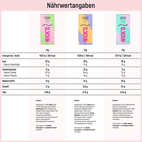 Nicks Schokoladenbalken mischen Sie ohne zugesetzten Zucker, glutenfrei, kohlenhydratarm, ohne Palmöl, Keto-Pralinen (3x75g)