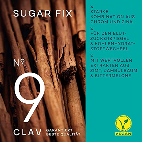 CLAV® N°9 SUGAR FIX - Capsule de scorțișoară cu 400 mg extract de scorțișoară, 40 μg crom și 10 mg zinc pe doză zilnică plus beta glucan, arbore de jambul și pepene amar - echilibru zahăr din sânge - 60 capsule - vegan