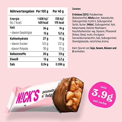 Nicks keto barer jordnødder n fudge, chokolade jordnødder karamell snacks, 175 kalorier, 3,9 netto kulhydrater, ingen tilsat sukker, glutenfri, lavkulhydrat slik (15x40g)