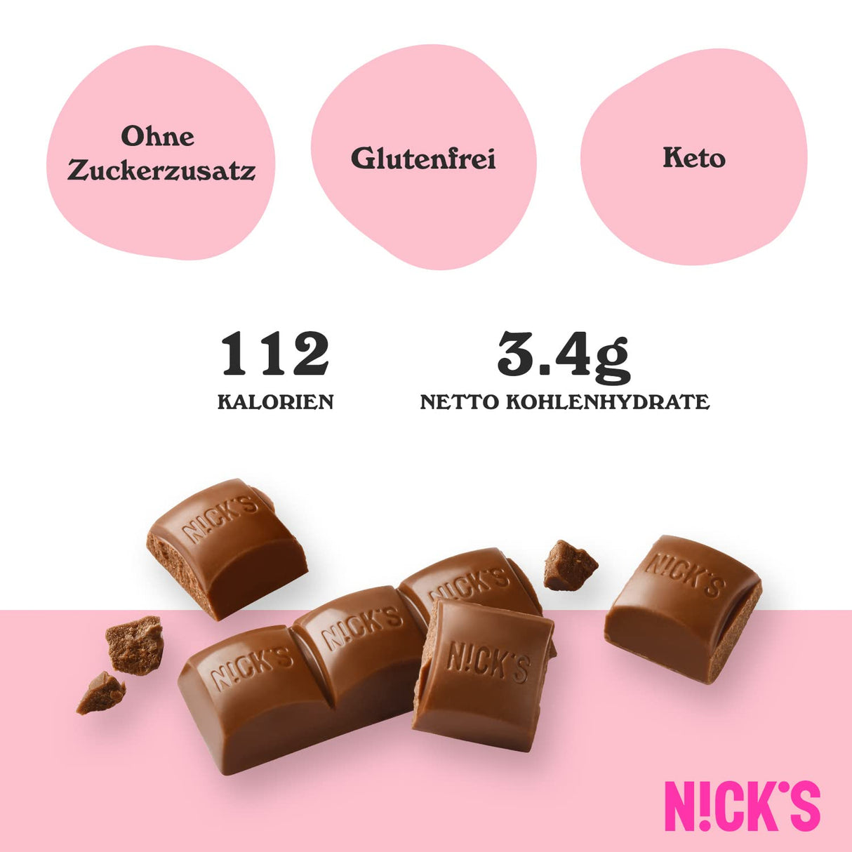 Nicks Milk Chocolate Bare Keto fără zahăr adăugat, 112 kcal, carbohidrați nete de 3,4 g, dulciuri cu carbohidrați mici, bară de gustări fără gluten (15x25g)