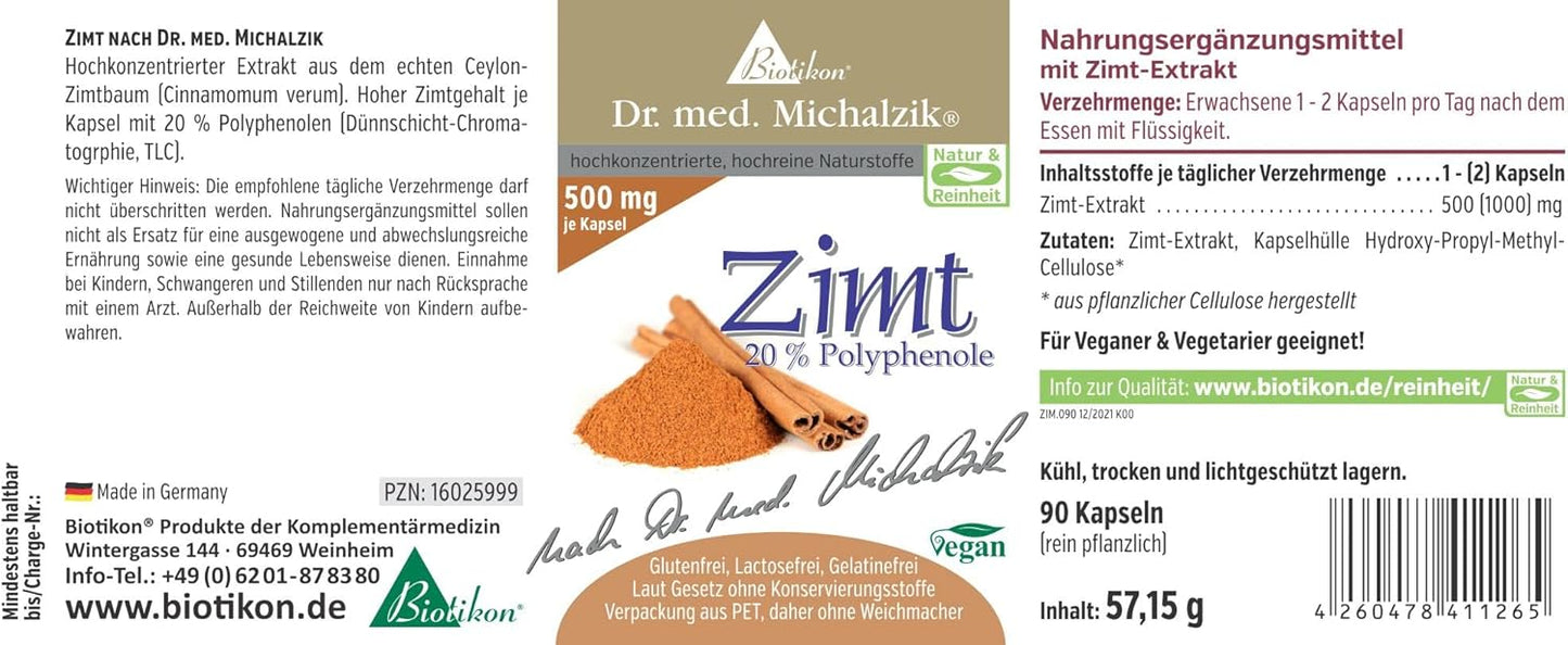 Ceylon Cinnamon Dr. Med. Michalzik - Pro -Kapsel [500 mg] Zimt + [20%] Polyphenole - schönster Extrakt aus dem echten Ceylon -Zimtbaum - ohne Additive - von Biotikon®