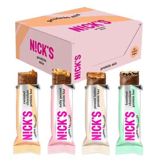 Nicks Protein Barmischung, Keto -Proteinbalken mit niedrigen Kohlenhydraten ohne Zucker zu Zucker, glutenfrei | 15G -Protein mit Kollagen (9 Proteinbalken x 50 g)