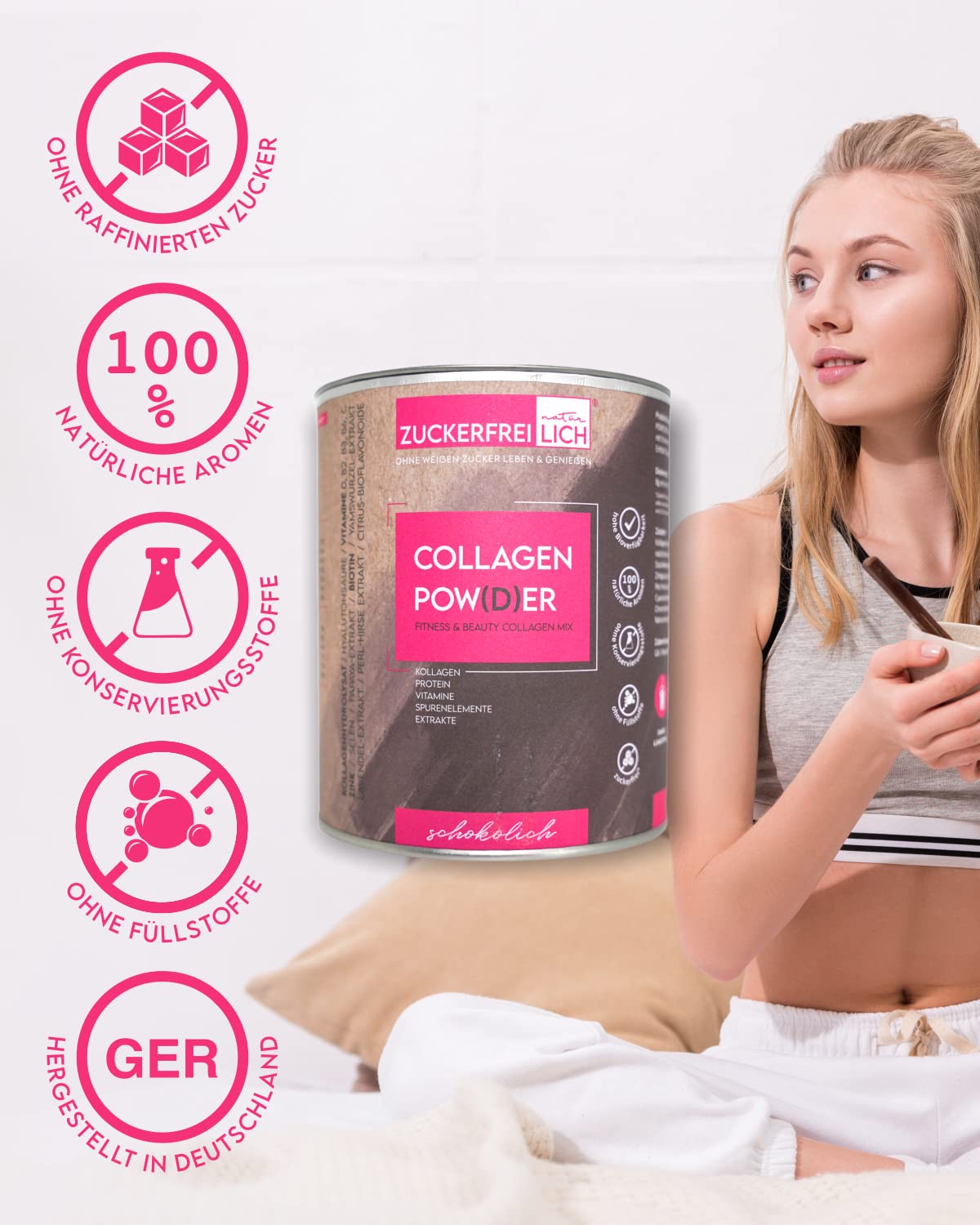 ZUCKERFREIlich Collagen Pulver kokos 240g ohne Zucker, Kollagen mit Vitaminen, zuckerfreies Protein und Spurenelementen, hochdosiert mit 7.000 mg Kollagenhydrolysat pro Portion