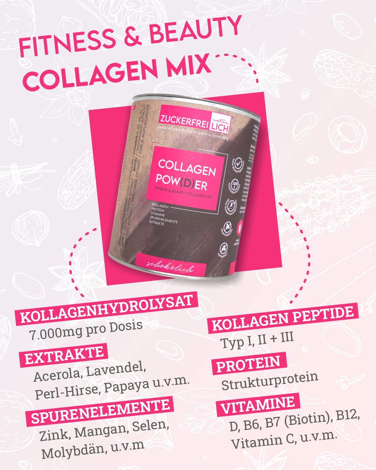 Zuckerfreilich Collagen Pulver Kokos 240g Ohne Zucker, Kollagen MIT Vitaminen, Zuckerfreies Protein und SpurenElementen, Hochdosiert MIT 7.000 mg Kollagenhydrolysat Pro Porsjon