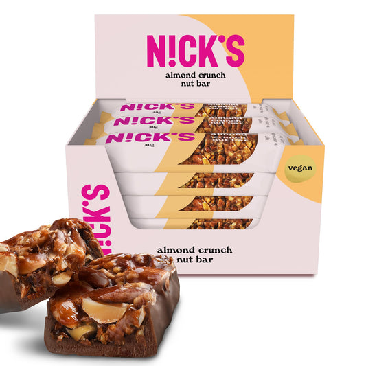 Nicks Keto Bar Almond Crunch, barra de nuez de almendras de chocolate vegano, 173 calorías, 2.8 carbohidratos netos, sin azúcar agregada, dulces sin gluten, bajos carbohidratos (12x40 g)