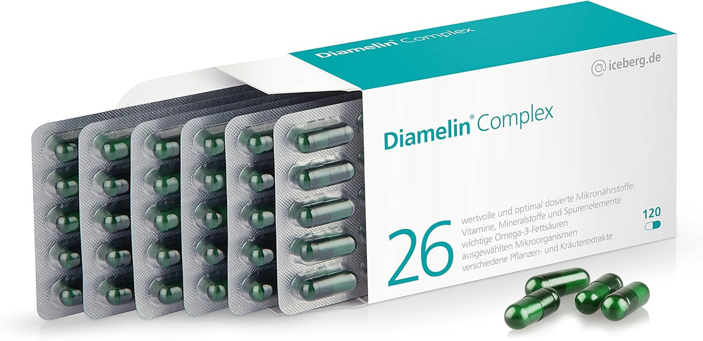 Complesso di diamelina - Supplemento dietetico per un normale livello di zucchero nel sangue con cromo adatto anche per diabetici - 26 vitamine e micronutrienti come OPC, cannella, zenzero, batteri intestinali importanti