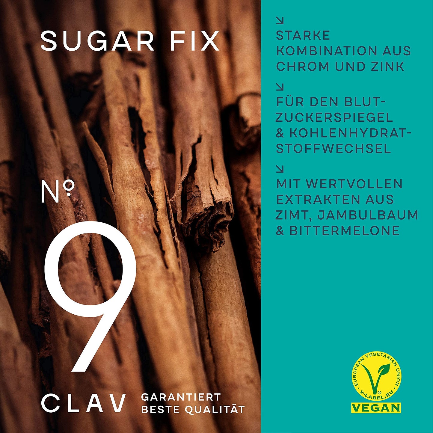 CLAV® N°9 SUGAR FIX - Cinnamon capsules with 400mg cinnamon extract, 40μg chromium & 10mg zinc per daily dose plus beta glucan, jambul tree and bitter melon - blood sugar balance - 60 capsules - vegan